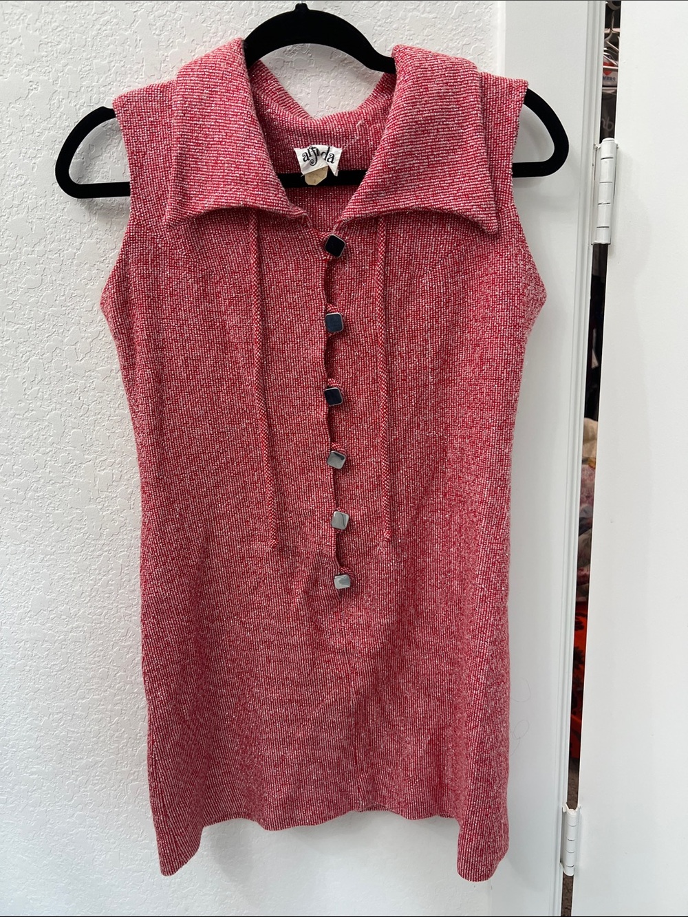 1970s Sleeveless Mini Knit Dress in sparkly red poly stretch
